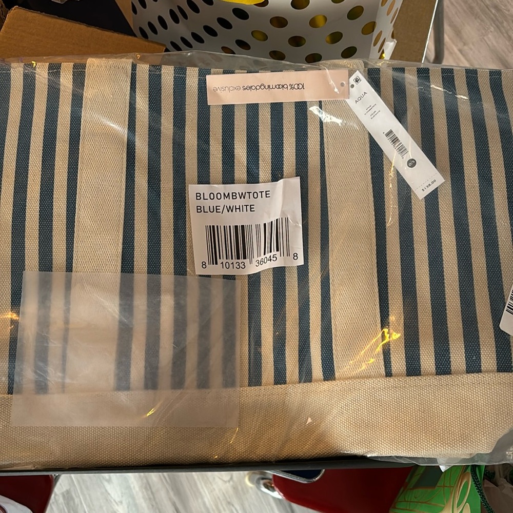 AQUA Canvas Tote Bag in Blue/ White # BLOOMBWTOTE NWT